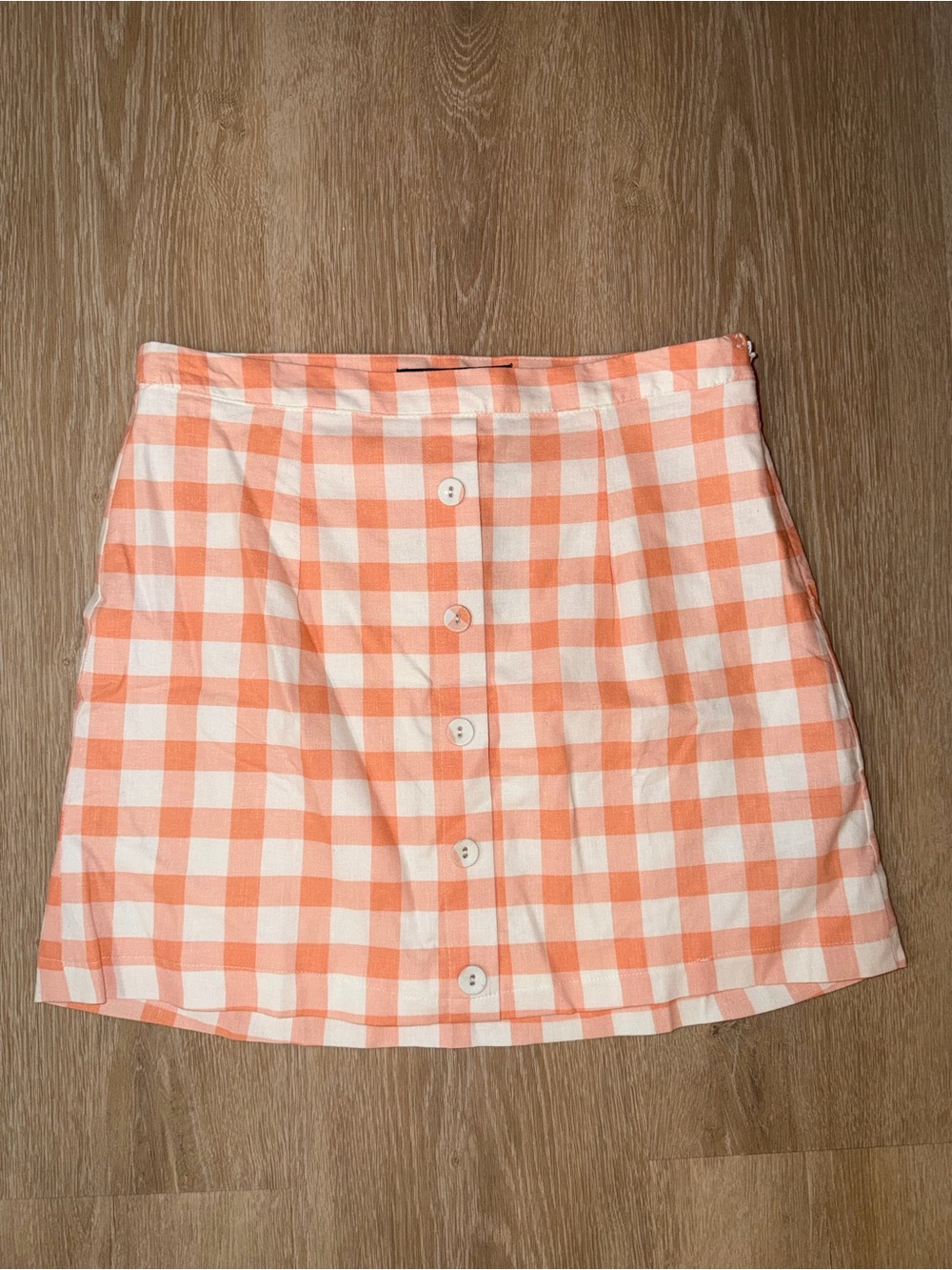 French Connection Peach and White Gingham Button Mini Skirt